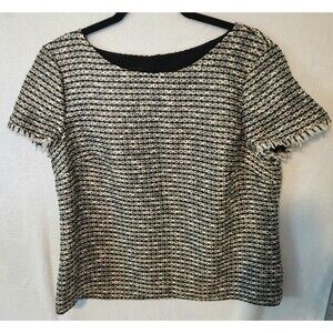Talbots Sz 12P Black White Tan Metallic Tweed Fringed Short Sleeve Knit Top